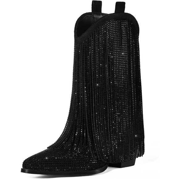 Women's Black Rhinestone Sparkly Fringe Chunky Heel Pointed Toe Ankle Boots - Picture 1 of 7